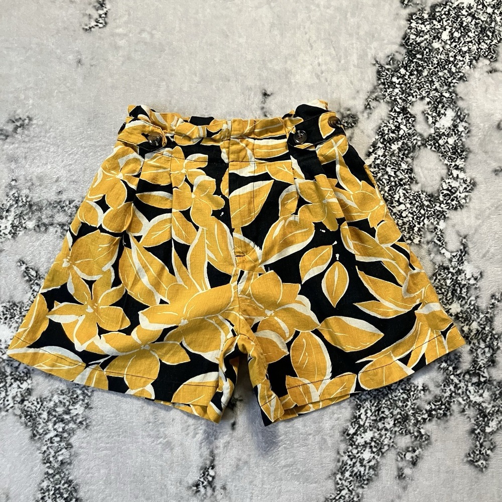 Who What Wear Shorts Womens Size 2 Yellow Blk Floral Print Paper Bag Pleated